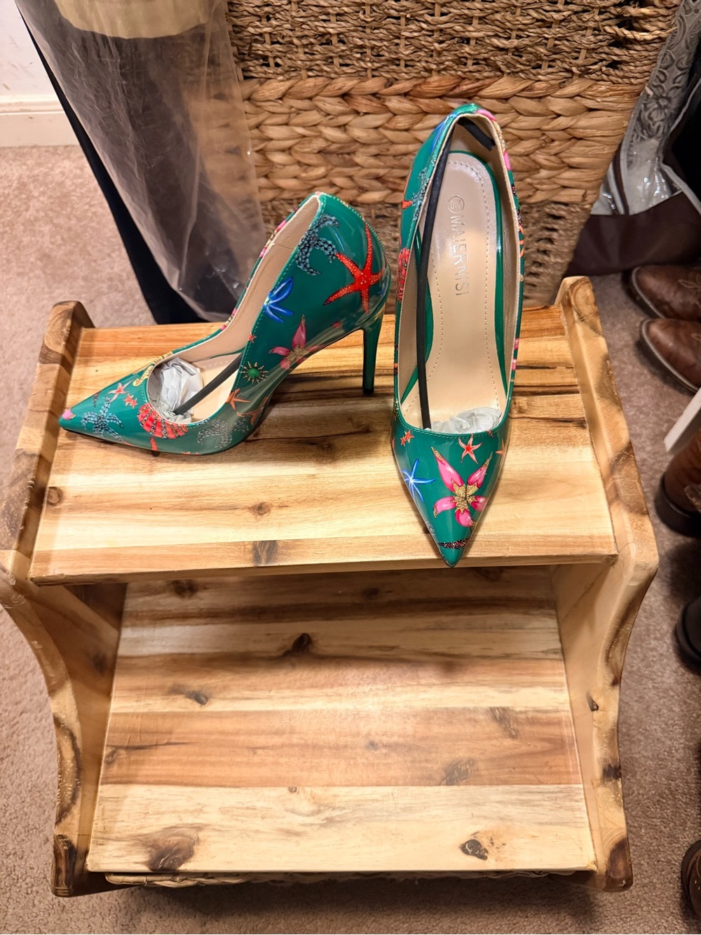 7 For All Mankind Teal Floral Pointed Toe Stiletto Pumps